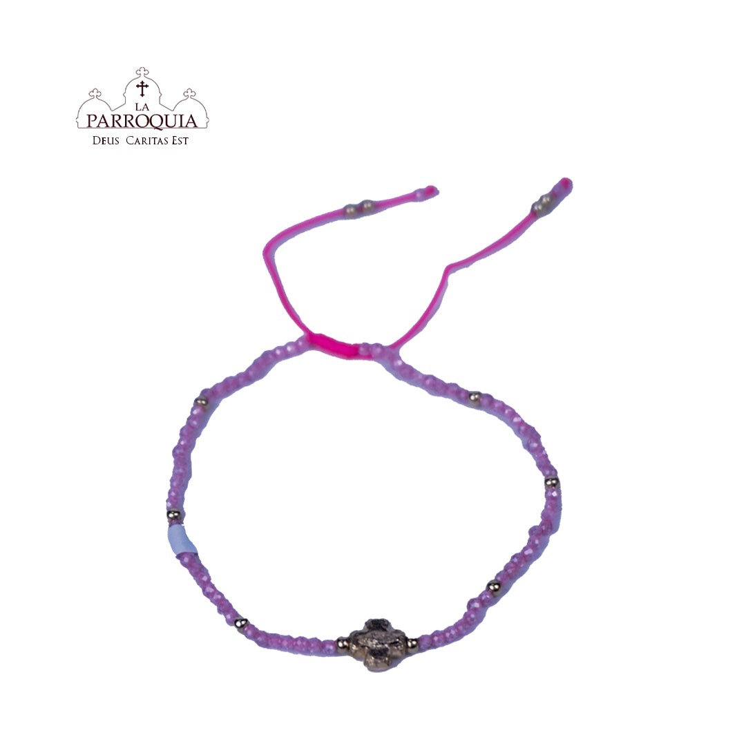 Pulsera rosada cruz dorada